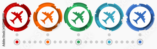 Plane, airplane concept vector icon set,  modern design abstract web buttons in 5 color options, infographic template for webdesign and mobile apps