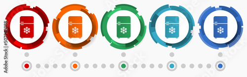 Refrigerator, fridge concept vector icon set, modern design abstract web buttons in 5 color options, infographic template for webdesign and mobile apps