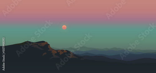 Sun of desert. Vector illustration of evening sun in  the deserted landscape, with big dunes, rocks and with huge beautiful sky in the background. Panorama. Background. Banner. Poster.