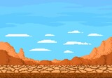 Pixel art desert landscape, cracked soil ground for game level background, 8bit vector. Pixel art and video game landscape of dry ground desert of Arizona or Texas mountains with 8 bit clouds in sky