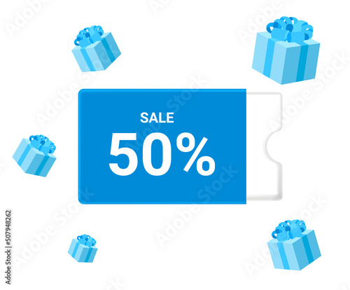Event where various gifts pour out with 50% coupons illustration set. discount, lotto, sale, market. Vector drawing. Hand drawn style.