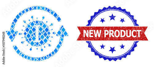Blue brilliant collage Yota coronavirus update icon, and bicolor grunge New Product stamp. Ethereum related items are arranged into abstract collage Yota coronavirus update pictogram. photo