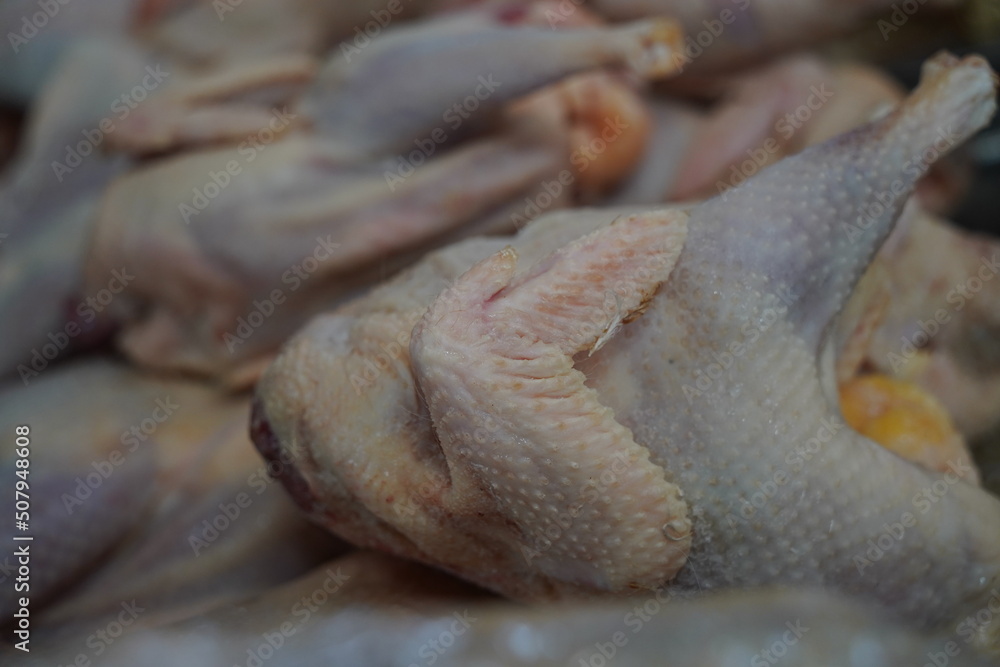 Almaty, Kazakhstan - 03.25.2022 : Sale of chicken meat on the open market