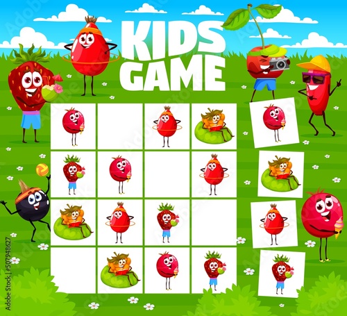 Sudoku game worksheet. Cartoon berry characters on summer meadow. Vector kids boardgame riddle with cherry, barberry, cloudberry, rose hip and cranberry with black currant or raspberry personages