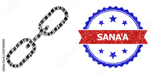 Vector ethereum collage chain link icon, and bicolor scratched Sana'A stamp. Red round stamp includes Sana'A caption inside circle. Chain link collage is formed from brilliant items.