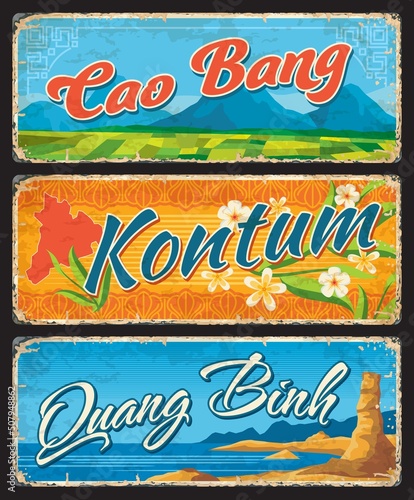 Cao Bang, Kontum and Quang Binh Vietnamese provinces, vector travel plates and stickers. Vietnam vacation luggage tags or regions and provinces welcome tin signs with travel landmarks