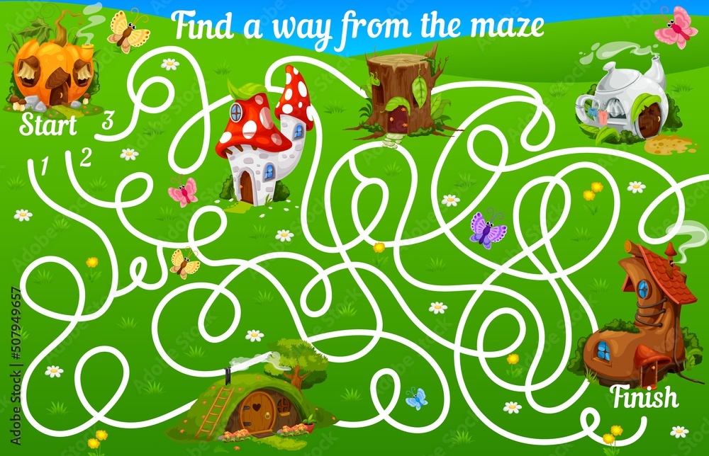 Labyrinth maze with cartoon fairy houses and dwellings of elf or gnome, vector kids game. Labyrinth maze worksheet puzzle to find road way to elf house of pumpkin, mushroom, boot and tree stump