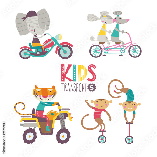 Kids transport collection with cute animals. Part 5. Vector illustration on a white background. Tandem, chopper, quad bike, unicycle.