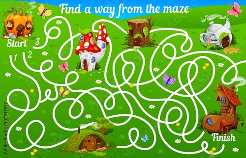 Fototapeta Naklejka Na Ścianę i Meble -  Labyrinth maze with cartoon fairy houses and dwellings of elf or gnome, vector kids game. Labyrinth maze worksheet puzzle to find road way to elf house of pumpkin, mushroom, boot and tree stump