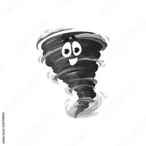 Cartoon smiling tornado vortex character, funny vector storm whirl personage. Black whirlwind twister, cyclone funnel with friendly face. Isolated hurricane swirl, natural disaster