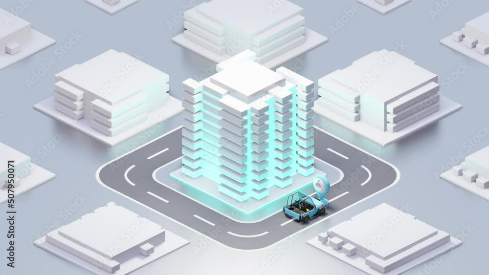 Blue cars follow track using gps navigation. design concept Minimal and location map pin animation loop GPS, 3D Render. Blue cars follow track using gps navigation. design concept Minimal and location map pin animation loop GPS, 3D Render.