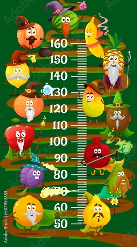 Cartoon fruit magician, wizard kids height chart, growth measure meter. Vector apricot, watermelon, banana and pineapple, mango or kiwi and garnet. Quince, pear, orange and plum, apple and lemon