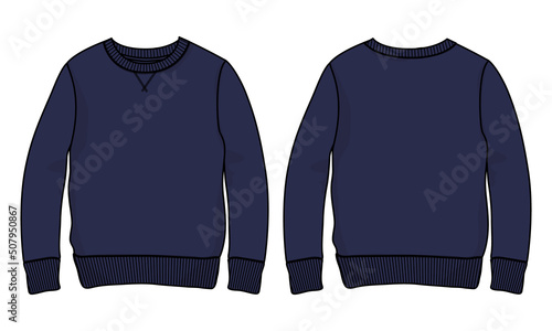 Long Sleeve Sweatshirt technical fashion flat sketch vector illustration Navy Color template front and back views. Fleece jersey sweatshirt sweater jumper for men's and boys.
