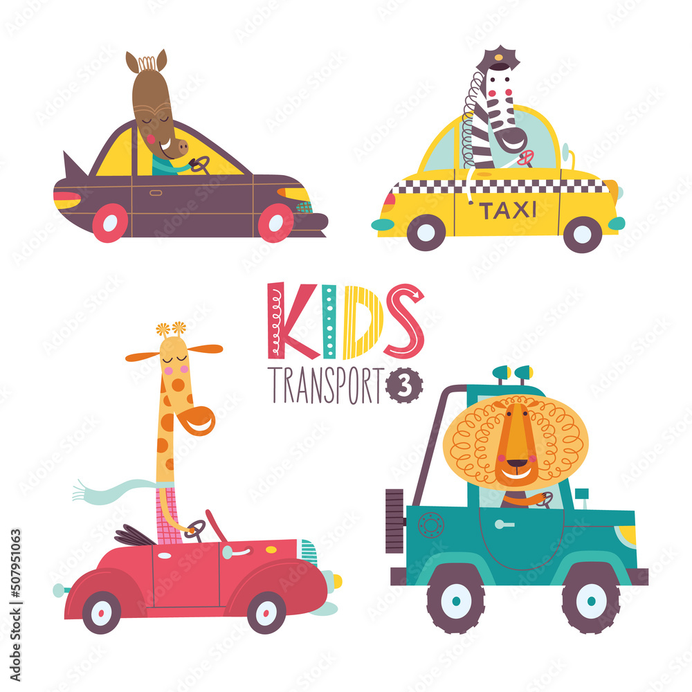 Naklejka premium Kids transport collection with cute animals. Part 3. Vector illustration on a white background. Car, taxi, cabriolet, jeep.