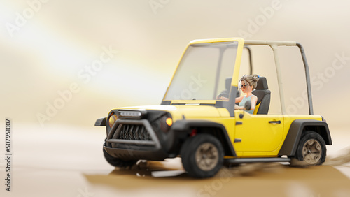 Little girl driving yellow car in empty space desert-like. Bright light from the sun background. Cartoon, 3D Render. © oatintro