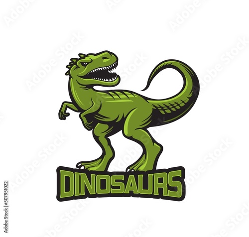 Tyrannosaur dinosaur mascot of sport team  vector dino raptor t-shirt print. Basketball or baseball club and football or hockey varsity league players mascot emblem of tyrannosaur dinosaur