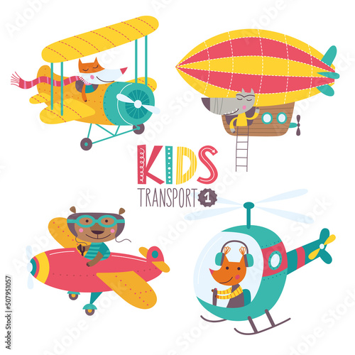 Kids transport collection with cute animals. Part 1. Vector illustration on a white background. Airplane, airship, plane, helicopter.