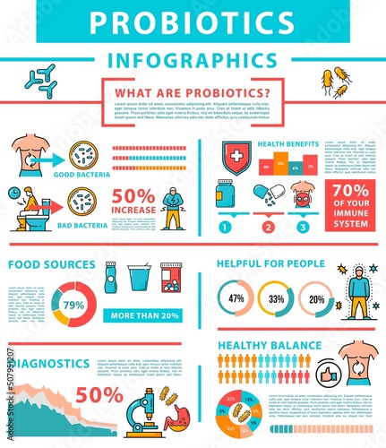 Probiotics infographics, gut health and food bacteria, charts, vector. Probiotic or prebiotic health benefits infographics with diagrams, immune system info and medical diagnostics infochart photo