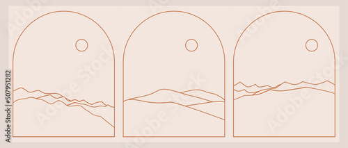 Set of Boho Landscape Logos in Trendy Minimal Liner Style