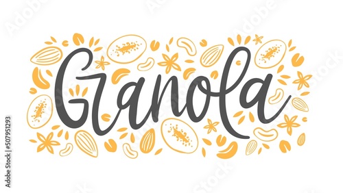 Granola cereal food label, oatmeal bread or oat grain muesli, vector. Granola or healthy breakfast of seeds, nuts and dry fruits snack package design, food label in doodle drawing