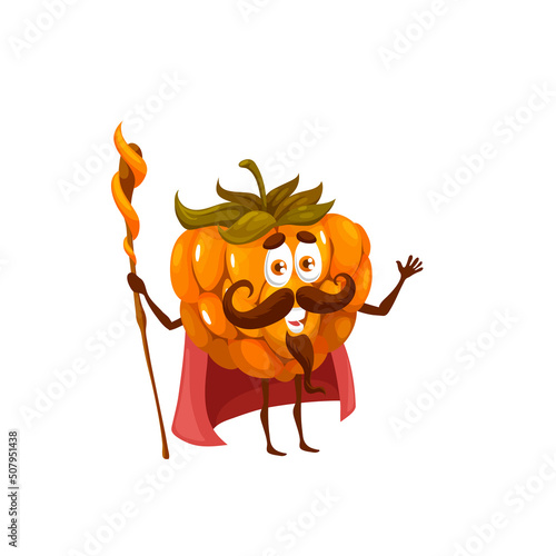 Cartoon cloudberry wizard or magician. Vector character with magic staff, funny berry wiz, ripe garden or wild plant sorcerer with mustaches on smiling face. Healthy fairy tale fascinator in red cape