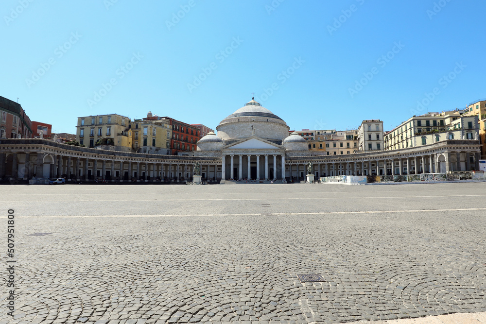 Church of San Francesco di Paola with an inscription in Latin with the name of the temple in the large Piazza Plebiscito in Naples in Italy in Europe