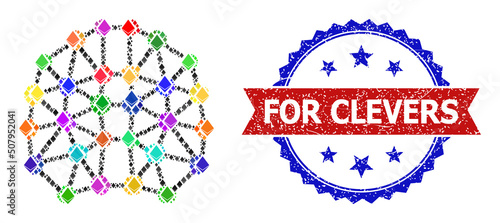 Vector ethereum mosaic artificial brain icon, and bicolor scratched For Clevers seal stamp. Red round seal has For Clevers text inside circle. Artificial brain mosaic is designed of gem parts.