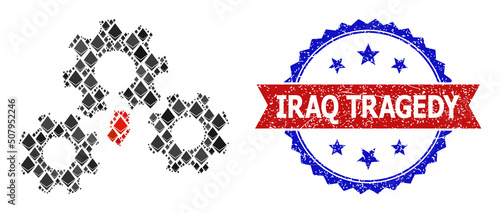 Vector brilliant collage broken gear mechanism icon, and bicolor unclean Iraq Tragedy seal stamp. Red round seal has Iraq Tragedy title inside circle.