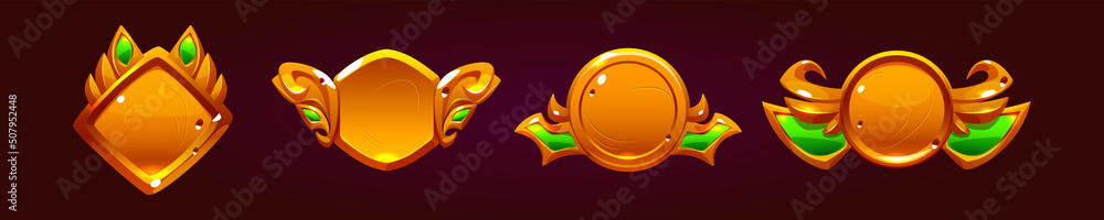 Golden game buttons with fantasy frames, achievement badges isolated on ...