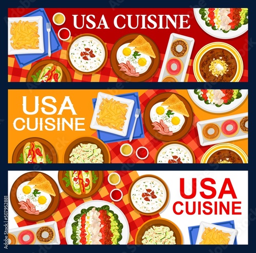 USA cuisine banners, American food menu of restaurant dishes, vector meals. US American traditional breakfast, lunch and dinner food meals, baked beans and fried eggs with bacon, hot dog and donuts