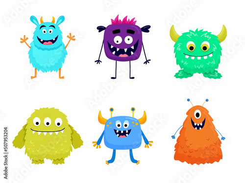 Set of cute colorful monsters. Funny cool cartoon fluffy monster, aliens or fantasy animals for childish cards and books. Hand drawn flat vector illustration isolated on white background.