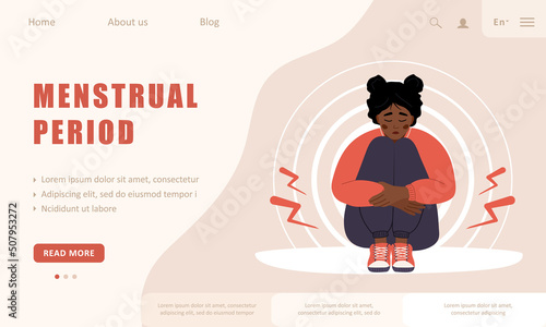 Menstrual period. Landing page template. Sad african woman with abdominal cramps or pms symptoms. Female critical day problems. Vector illustration in flat cartoon style.