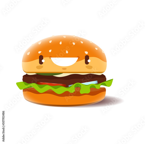 Cartoon burger character, funny vector fast food personage. Takeaway fastfood with kawaii smiling face. Happy junk meal hamburger emoji, beefburger with meat and vegetables isolated character