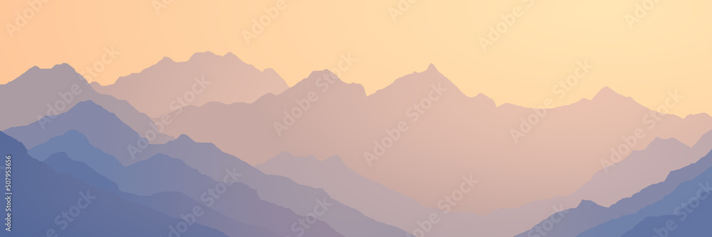 Sunrise in the mountains, mountain ranges in the morning haze, panoramic view, vector illustration Sunrise in the mountains, mountain ranges in the morning haze, panoramic view, vector illustration