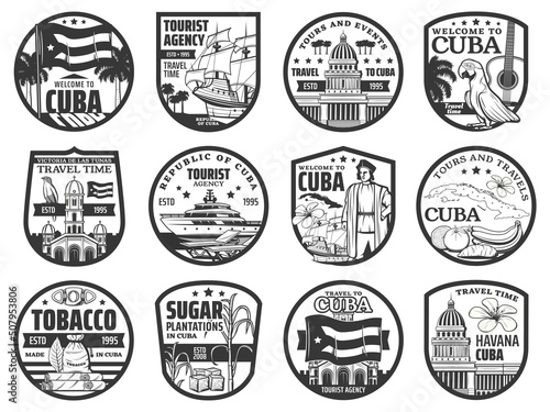 Cuba travel and tourism icons, Havana landmarks and city tours, vector. Cuba signs, Caribbean sea boat trips, travel agency emblems with Cuba sightseeing and attraction landmarks