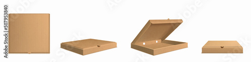 Brown cardboard pizza box 3d realistic vector. Open empty and closed carton package for delivery fast food, top side view isolated mockup illustration on white background