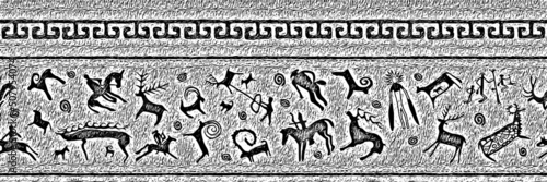 Ethnic border on the theme of rock paintings, vector design. Seamless pattern, banner. 