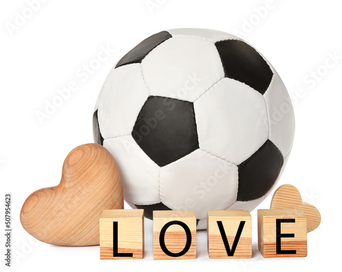 Soccer ball  hearts and cubes with word Love on white background