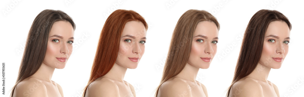 Collage with photos of beautiful young woman with different hair colors on white background. Banner design Collage with photos of beautiful young woman with different hair colors on white background. Banner design