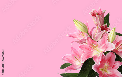 Bouquet with beautiful lily flowers on pink background  space for text