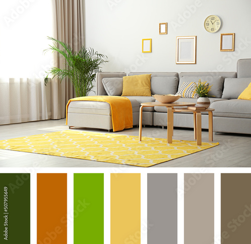 Comfortable sofa with different cushions in living room. Interior design inspired by colors of the year 2021