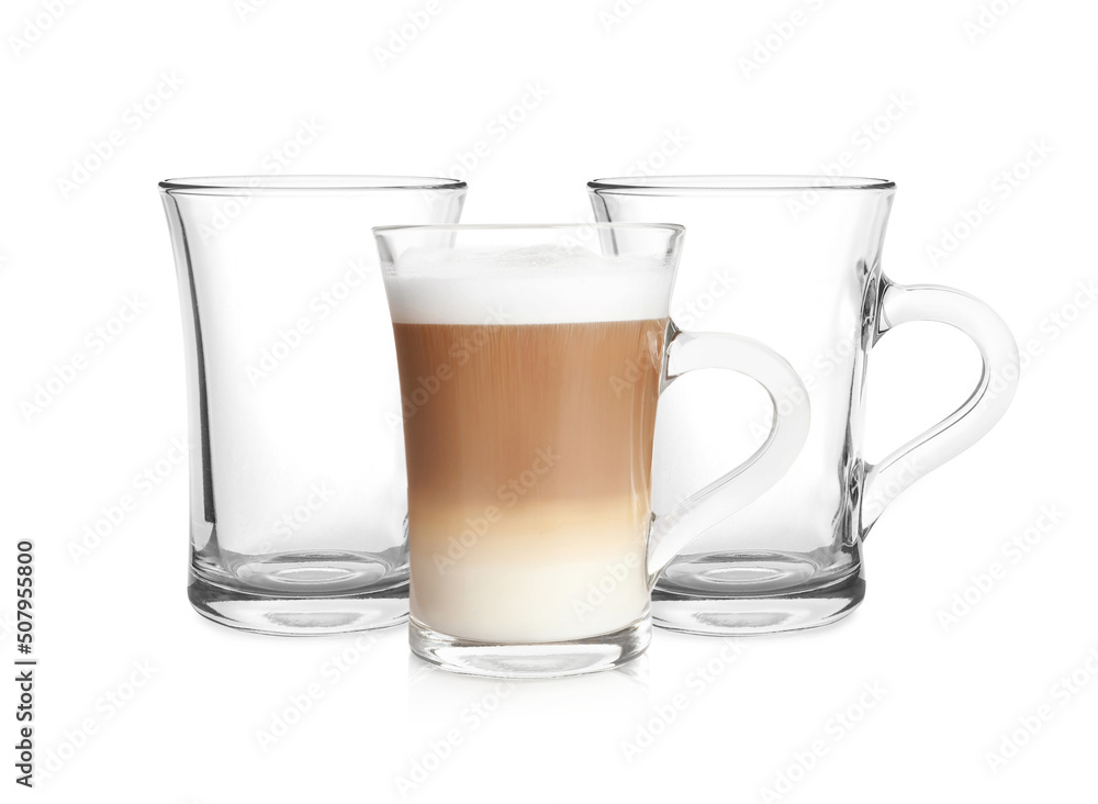 Empty glass cups and one with aromatic coffee on white background Empty glass cups and one with aromatic coffee on white background