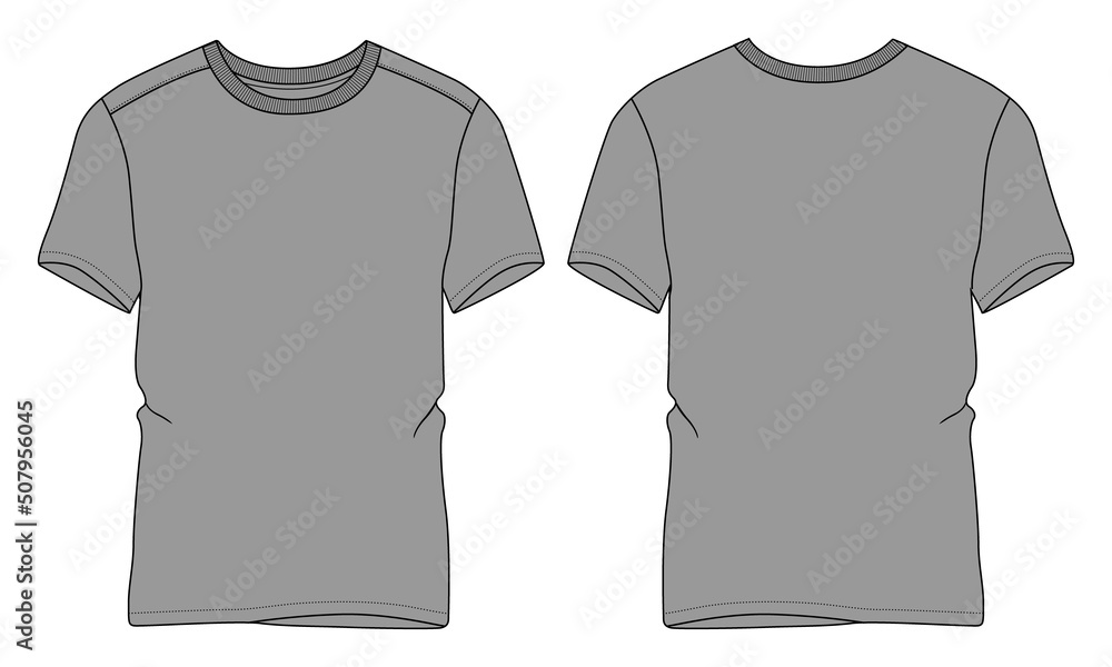 Regular fit Short sleeve T-shirt technical Sketch fashion Flat Template Front and back view. apparel design Grey Color Mock up. Regular fit Short sleeve T-shirt technical Sketch fashion Flat Template Front and back view. apparel design Grey Color Mock up.