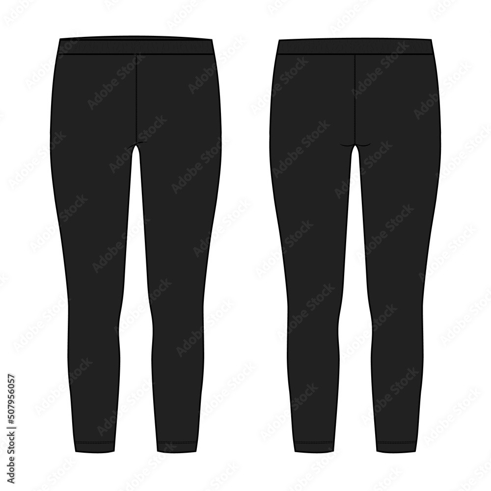 Slim fit Leggings pants fashion flat sketch vector illustration template front, back and side view isolated on white background. Girls Long Legging mock up for Women's unisex CAD.
