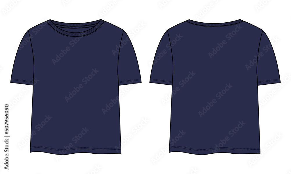 Short sleeve T shirt tops technical fashion flat sketch vector Illustration Navy color template for ladies and baby girls. Basic apparel Design Women's unisex Mockup CAD. Short sleeve T shirt tops technical fashion flat sketch vector Illustration Navy color template for ladies and baby girls. Basic apparel Design Women's unisex Mockup CAD.