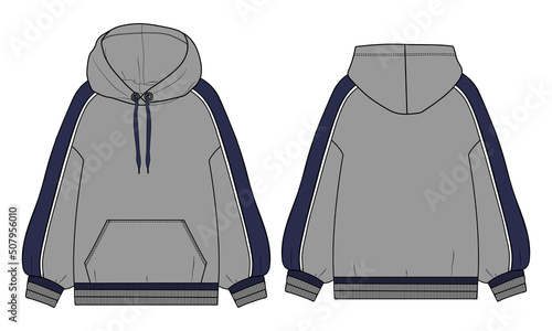 Long sleeve hoodie technical Fashion flat sketch vector illustration grey color Template front and back views isolated on white background.