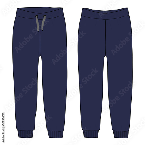 Ladies and Kids Basic Fleece Sweat Pant fashion flat sketch vector Illustration template front and back view. Technical Drawing apparel dress design Jogger pant mock up.
