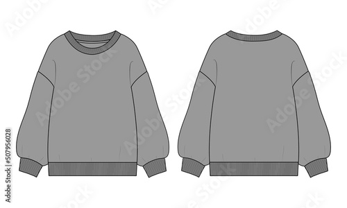 Long sleeves Cotton-terry Fleece sweatshirt technical fashion flat illustration With regular fit crew neckline. Flat Sketch jumper apparel vector template front, back view. Woman, unisex top CAD
