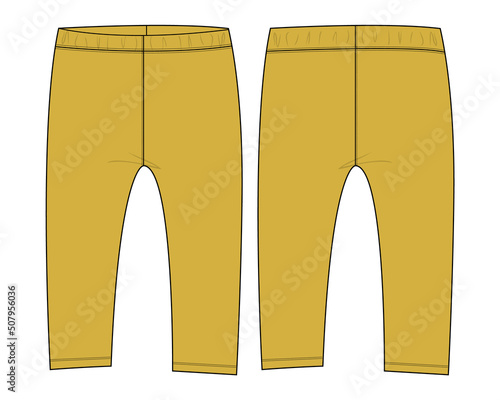 Trouser Pant for baby girls. technical Fashion flat sketch vector illustration Yellow color template front and back view.