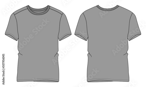 Regular fit Short sleeve T-shirt technical Sketch fashion Flat Template Front and back view. apparel design Grey Color Mock up.